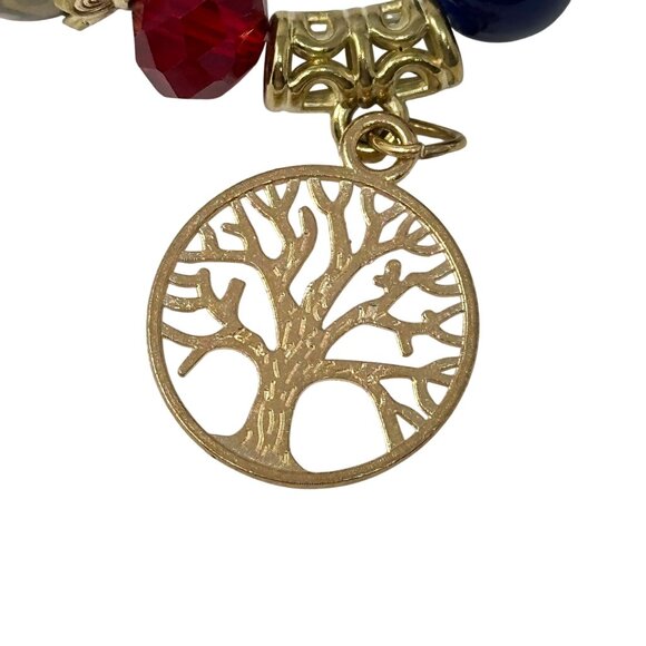 Tree of Life Beaded Stretch Bracelet Blue Red White Gold Tone Pendant - Picture 2 of 7